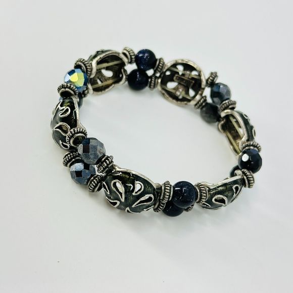 Chicos Bracelet Enamel AB Beaded Stretchy Silver Tone Costume Jewelry - Picture 3 of 6